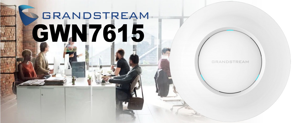 A split image with one side showing a Grandstream GWN7615 Wi-Fi access point and the other side depicting people working in a modern office environment.