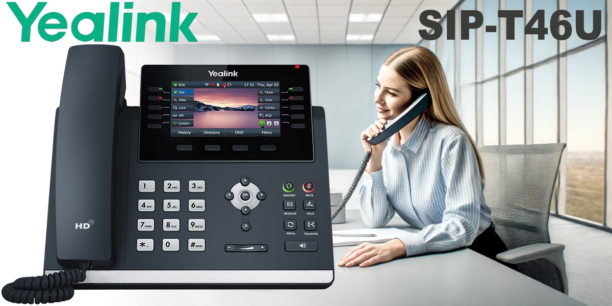 Businesswoman using a Yealink SIP-T46U desk phone in a modern office environment