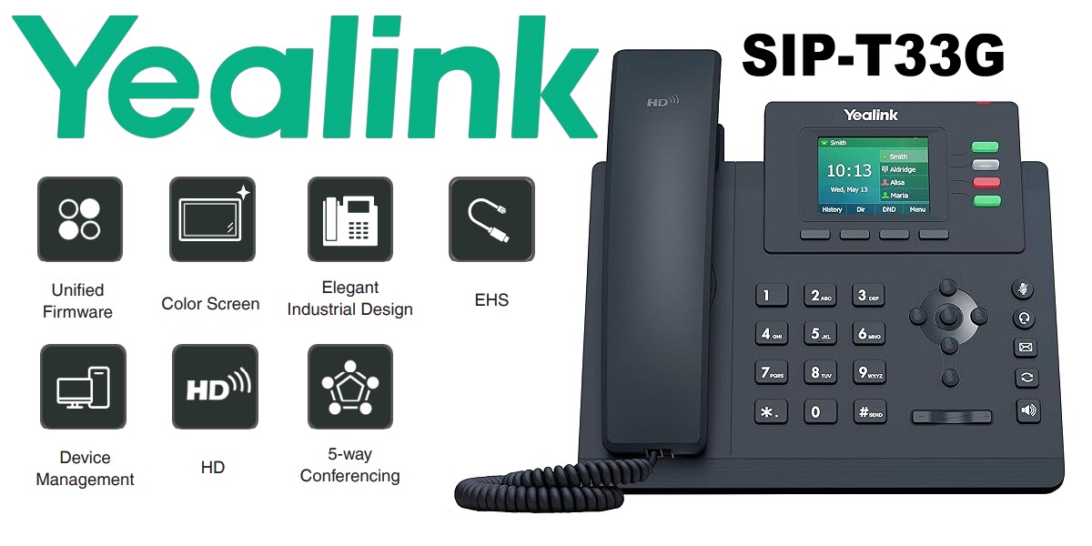 Yealink branded SIP-T33G VoIP Desktop Phone with features icons such as HD audio, color screen, and elegant industrial design.