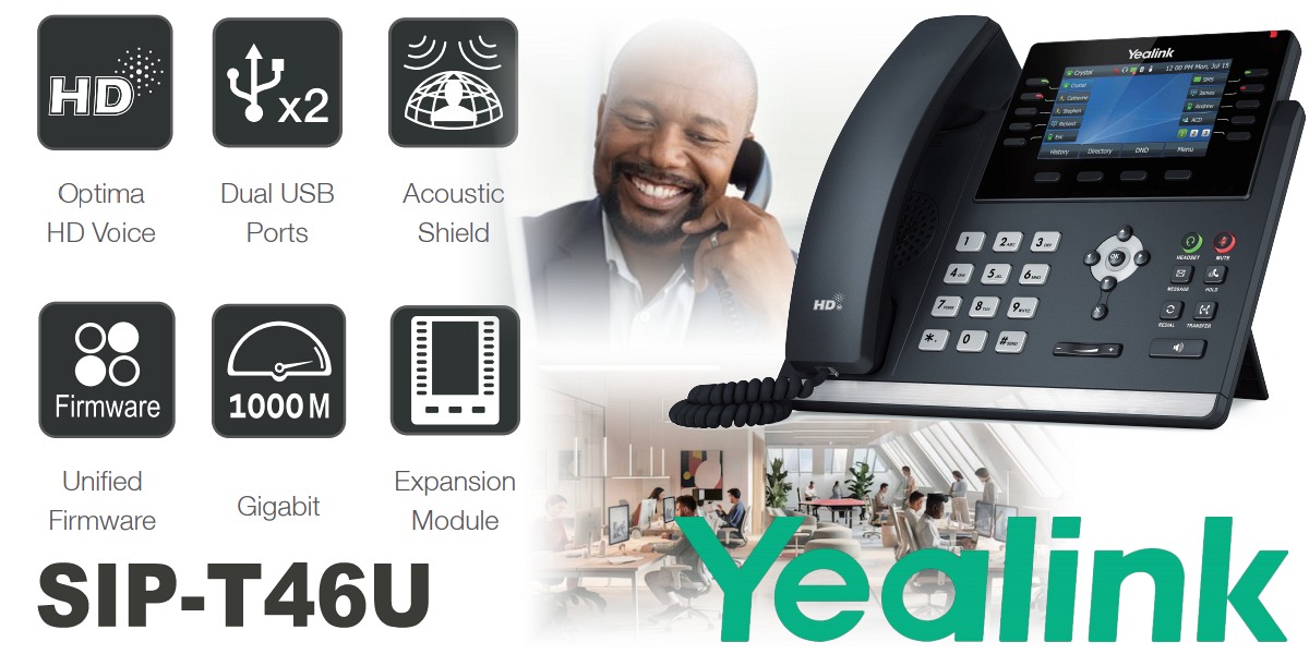 A man smiling while using a Yealink business IP phone with a list of its features like HD voice and dual USB ports displayed next to the device.