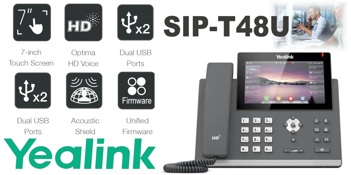 An image showcasing the features of Yealink SIP-T48U business phone with a 7-inch touch screen, dual USB ports, HD voice, and highlighted functionalities such as Acoustic Shield and Unified Firmware, plus the Yealink logo.