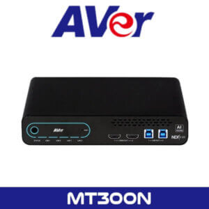 A black AVer MT300N streaming encoder device with multiple ports and indicator lights on the front panel, situated below the AVer logo.