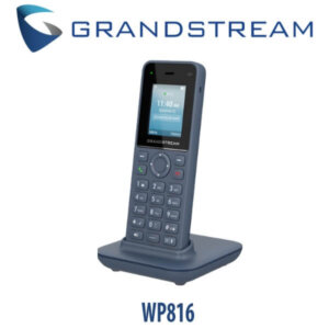 A Grandstream WP816 wireless phone docked on its charging base with the brand's logo at the top and model number displayed at the bottom.