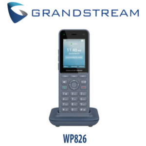 A Grandstream WP826 wireless phone placed in a charging dock with a display showing the time 11:40 AM and date 2024/04/27, with the text "Connecting the world" on the screen. The brand logo is visible at the top and the model WP826 is indicated at the bottom.