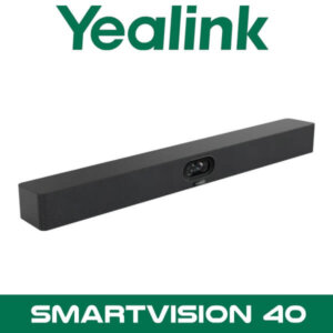 A Yealink SmartVision 40 soundbar with a built-in camera, presented on a solid green background with the Yealink logo and product name displayed above and below.