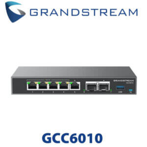 Front view of a Grandstream GCC6010 network device featuring five ethernet ports, two additional connectivity ports, and a USB port, with LED indicators and branding visible on the facade.