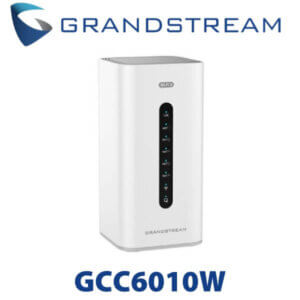 Grandstream GCC6010W, a white rectangular networking device with company logo and model number displayed, featuring a vertical array of status LEDs on the front panel.