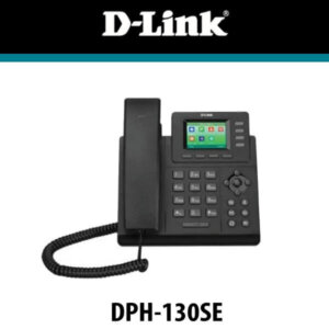 A D-Link DPH-130SE black desktop phone with a digital screen and buttons, set against a white background.