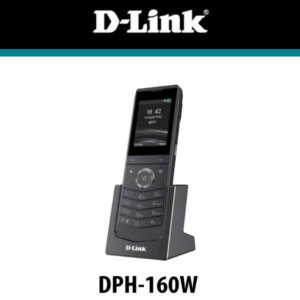 A D-Link DPH-160W wireless phone sitting in its charging cradle with display on, showing time and date.