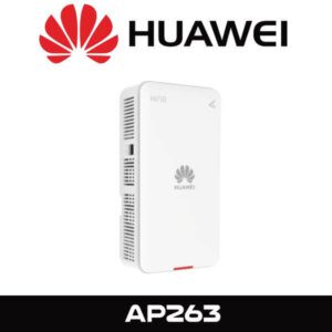 Alt text: A Huawei AP263 networking device is shown against a white background, accompanied by the Huawei logo above and the model name "AP263" below. The device is white with a vertical orientation, brand logo on the front, and visible venting on the side.