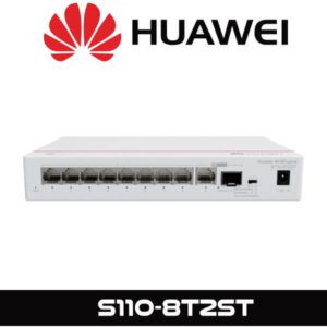 Huawei network switch with 8 Ethernet ports and model number S110-8T2ST on a white background.