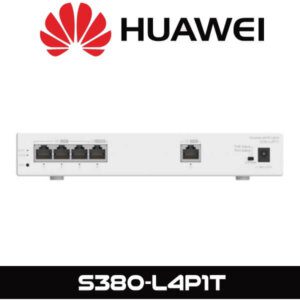 Front view of a white Huawei S380-L4P1T network switch with four Ethernet ports and power socket.