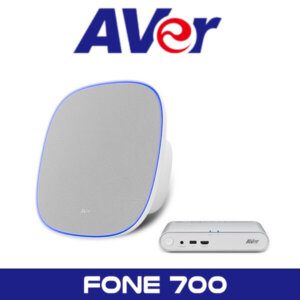 A white AVer FONE 700 wireless speakerphone with a blue outline next to its control unit, with the AVer logo prominently displayed above.