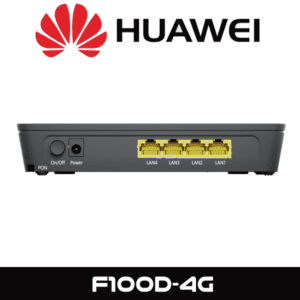 Front view of a Huawei F100D-4G router showing the brand logo, power button, and LAN ports.