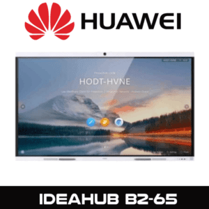 A Huawei IdeaHub B2-65 interactive smartboard displaying a scenic wallpaper with interface icons and a projection code