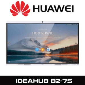 A promotional graphic showcasing the Huawei IdeaHub B2-75 smartboard with logo and projection code displayed.