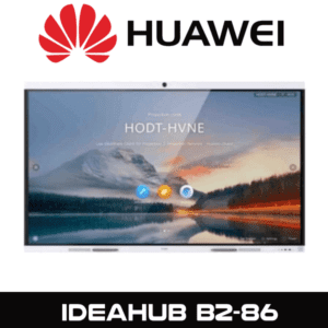 A Huawei IDEAHUB B2-86 interactive whiteboard with a scenic mountain wallpaper on screen.