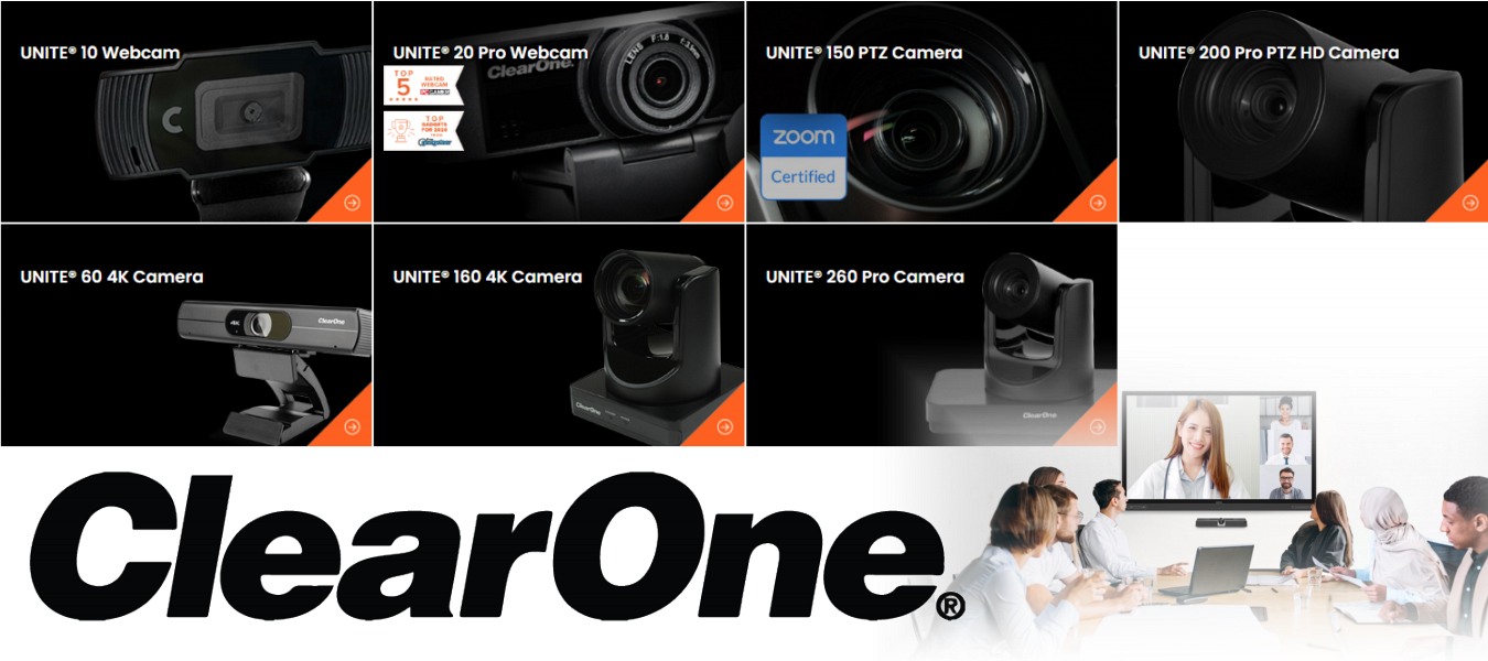 Collage of ClearOne webcams and conference cameras with product names and a group of professionals having a video conference.