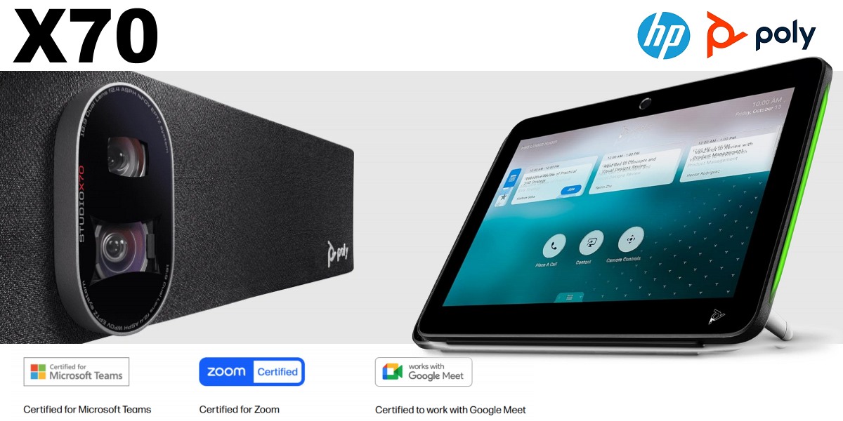 Close-up view of the Poly X70 video bar with integrated cameras and a separate touch controller tablet displaying conferencing options, both devices boasting certifications for Microsoft Teams, Zoom, and Google Meet.