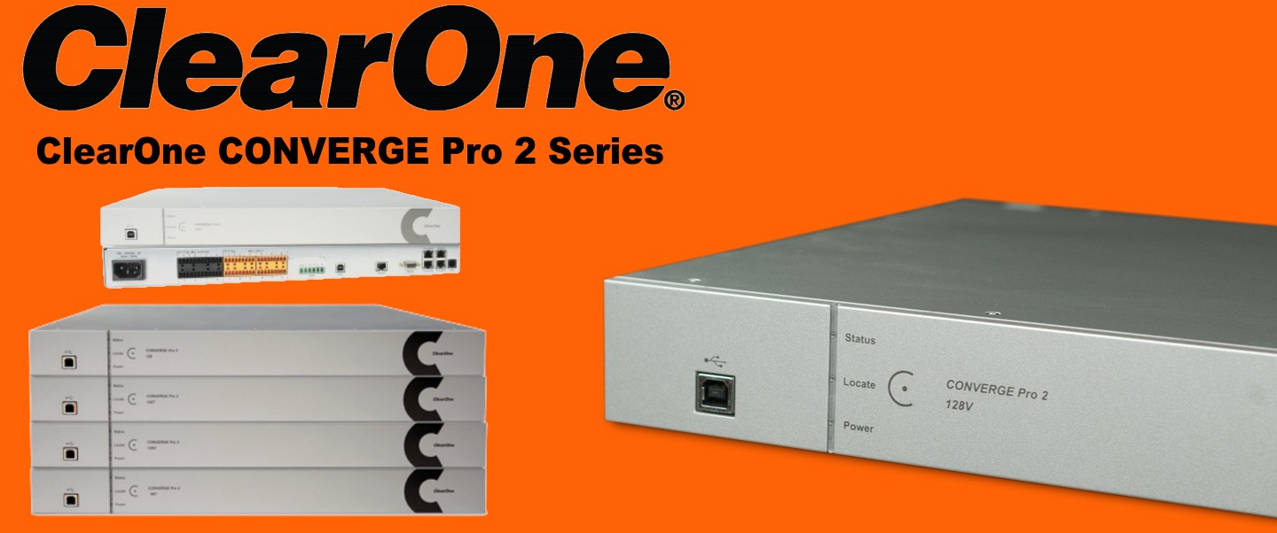 Front view of a ClearOne CONVERGE Pro 2 audio conferencing device with stacked units in the background on an orange backdrop.