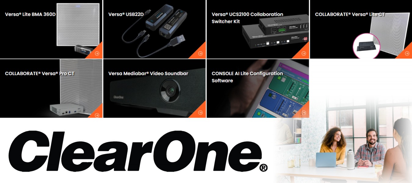 Collage of ClearOne's audio and video collaboration products with company logo and a group of people using the technology in an office setting