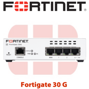 Front view of Fortinet FortiGate 30G network security appliance with ports and status indicators.