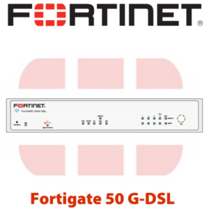 Logo and advertisement for Fortinet's Fortigate 50 G-DSL security appliance with device illustration and branding.