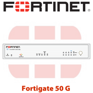 Logo of Fortinet at the top with an image of a Fortigate 50G network security appliance below.