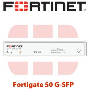 Image of the Fortinet logo above a frontal view of the FortiGate 50G SFP security appliance with labeled ports and indicators.