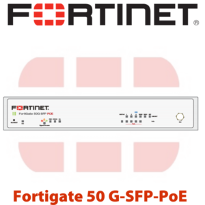 An animated image showing Fortinet logo and a Fortigate 50 G-SFP-PoE network security appliance.