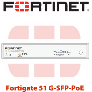 Fortinet logo at the top with an image of the Fortigate 51 G-SFP-PoE security appliance below.