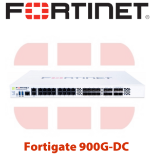 Image of a Fortinet Fortigate 900G-DC network security appliance device against a background with the Fortinet logo.