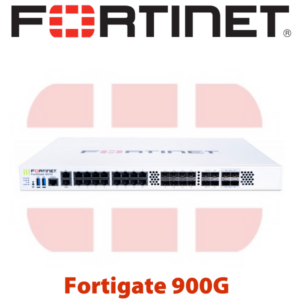 Front view of a white Fortinet Fortigate 900G network security firewall with multiple ports.