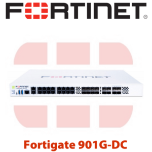 Front view of a Fortinet Fortigate 901G-DC security appliance with multiple network ports and the Fortinet logo displayed prominently above.