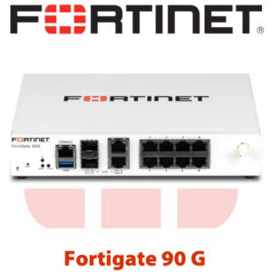 Front view of a Fortinet FortiGate 90G network security appliance with ports and indicators visible.