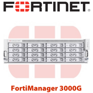 Front view of a FortiManager 3000G network security appliance with Fortinet logo in the background