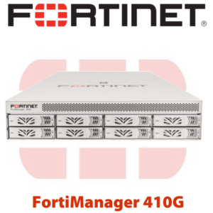 Front view of a FortiManager 410G network security appliance with Fortinet logo in the background.