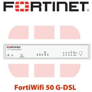 Fortinet logo displayed above an image of the FortiWiFi 50 G-DSL router with network status indicators and brand labeling.