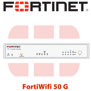 Fortinet company logo at the top and a FortiWifi 50G network security appliance displayed below.