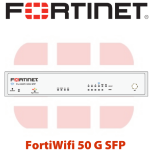 Fortinet logo and FortiWiFi 50 G SFP device with indicators and ports displayed on a white background.