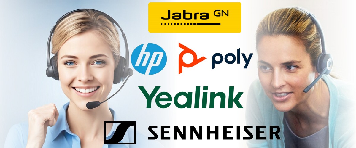 Two smiling women wearing call center headsets with logos of Jabra GN, HP, Poly, Yealink, and Sennheiser in the background.