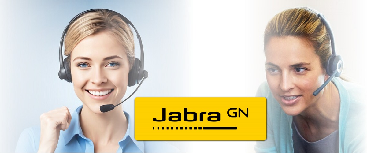 Two women wearing Jabra GN headsets with microphones with a blue and white background, one smiling at the camera, and the Jabra GN logo prominently displayed.