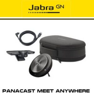 A Jabra GN PanaCast Meet Anywhere kit with various components including a speaker, cables, and carrying case.