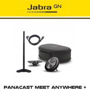 A Jabra PanaCast conferencing camera with portable stand, cable, and a carrying case against a yellow background.