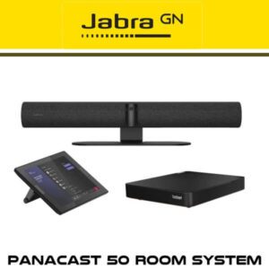 Image of a Jabra GN PanaCast 50 conference camera, touch panel control unit, and processing unit displayed separately on a white background with the product name below.