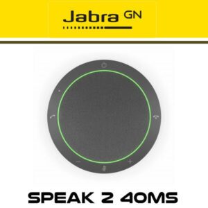 Top view of a Jabra GN Speak 2 40MS portable conference speaker with green highlights and touch controls on a yellow background.