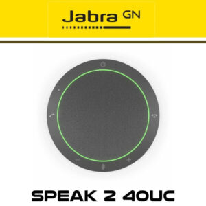 Top view of a Jabra Speak 2 40UC portable speakerphone with illuminated touch controls on a yellow background.