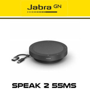 A black Jabra GN Speak 2 55MS portable conference speaker with attached USB cable on a yellow background.