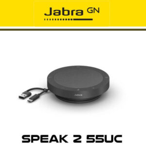 A Jabra Speak 2 55UC portable conference speaker with a USB cable on a yellow background.