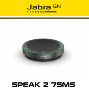 Black round Jabra conference speaker with green lights on top, displayed against a yellow background with the Jabra GN logo above it.